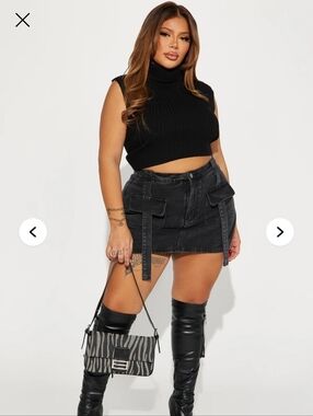Black Denim Cargo Mini Skirt with Strap Detail